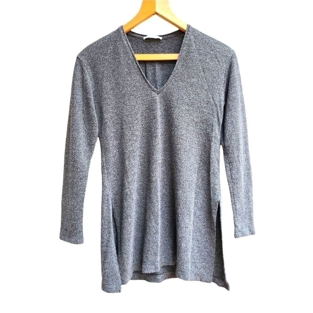 Zara TRF Trafaluc Grey V-Neck Tunic Sweater Longline Micro Knit Small